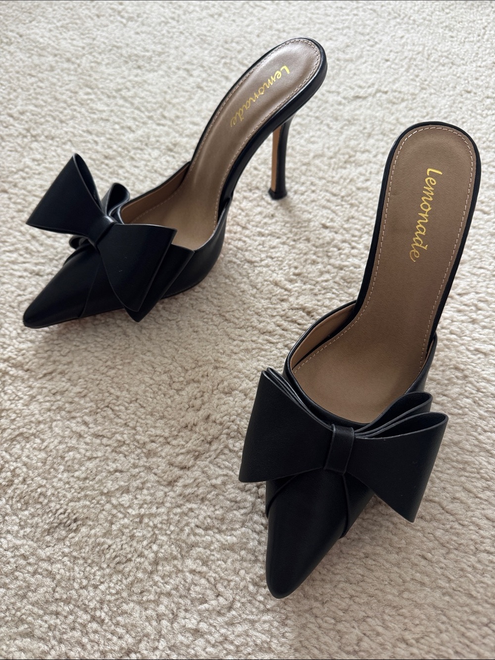 Lemonade Black Pointed-Toe Bow Stiletto Mules